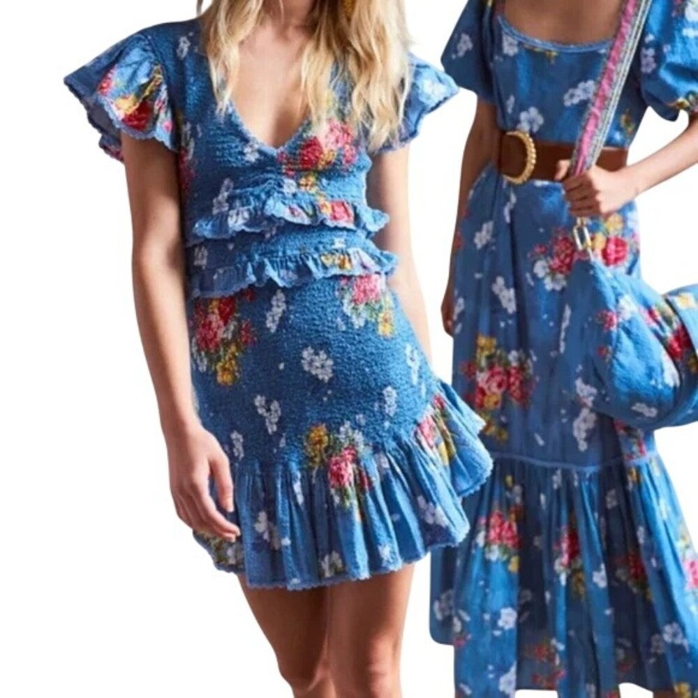 LoveShackFancy Sonora Blue Floral Smocked Ruffle Mini Dress Womens Size Medium